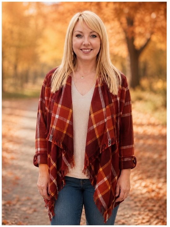 Maurices Tops - Maurices Plaid Open-Front Fringe Cardigan - Rust Plaid